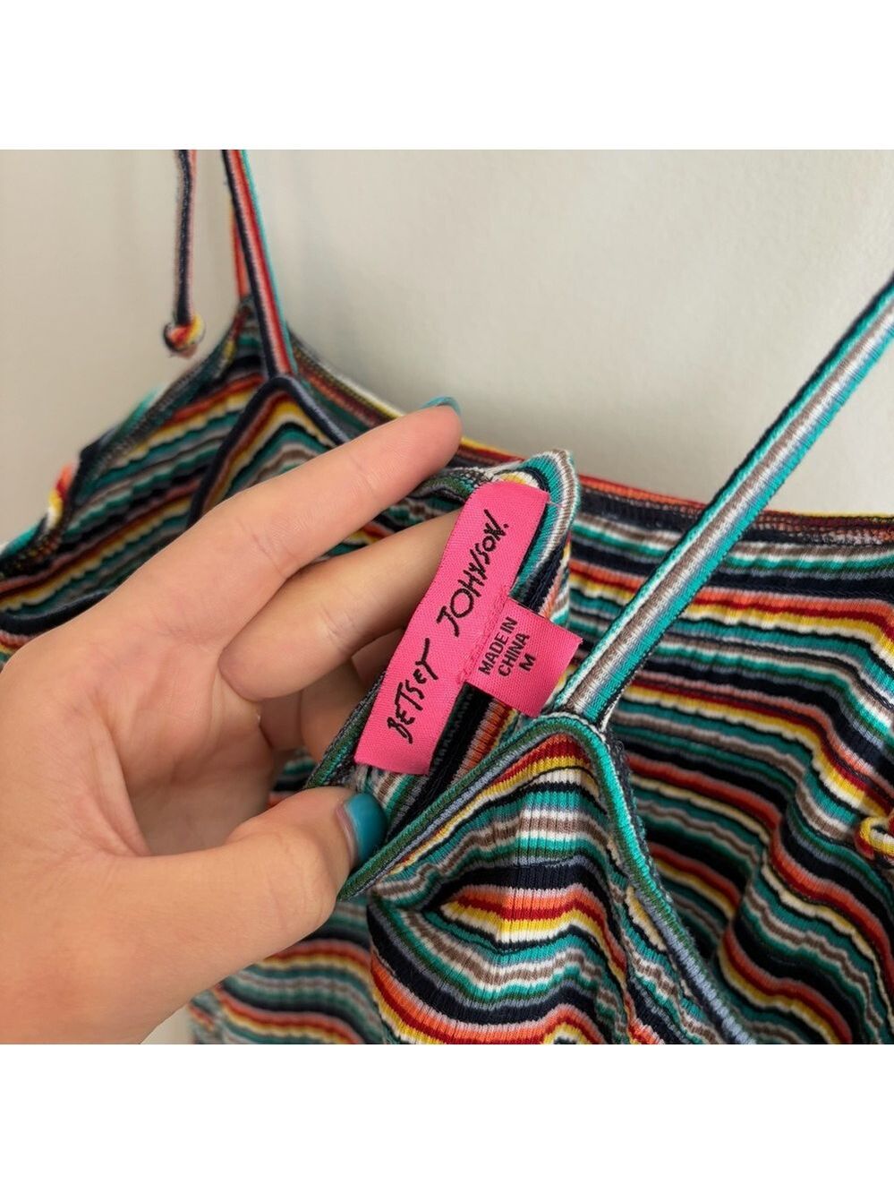 Betsey Johnson Tie Straps Striped Ruffle Multicolor Knit Mini Dress Size M - Picture 4 of 7